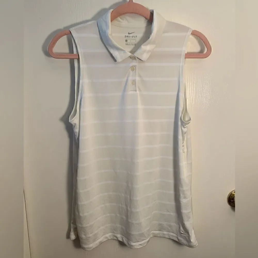 Nike EUC beige/white striped Dri-fit sleeveless victory polo Size Large